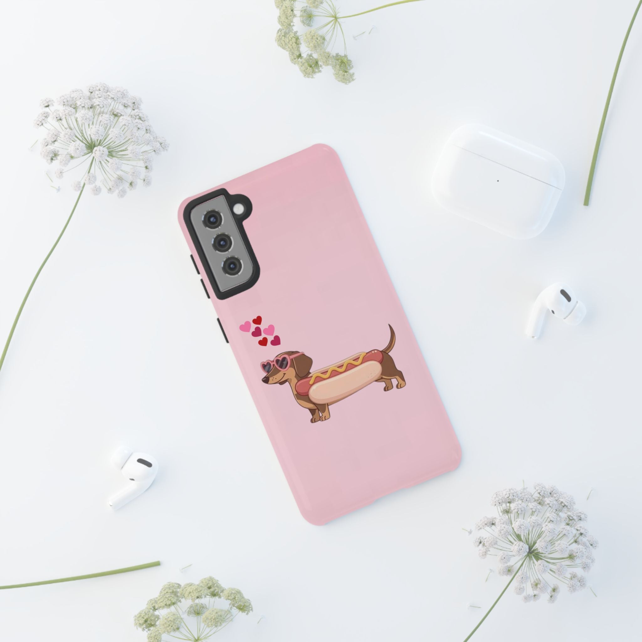 Dachshund Hot Dog Phone Case – Cute Pink Love Hearts Protective Tough Case