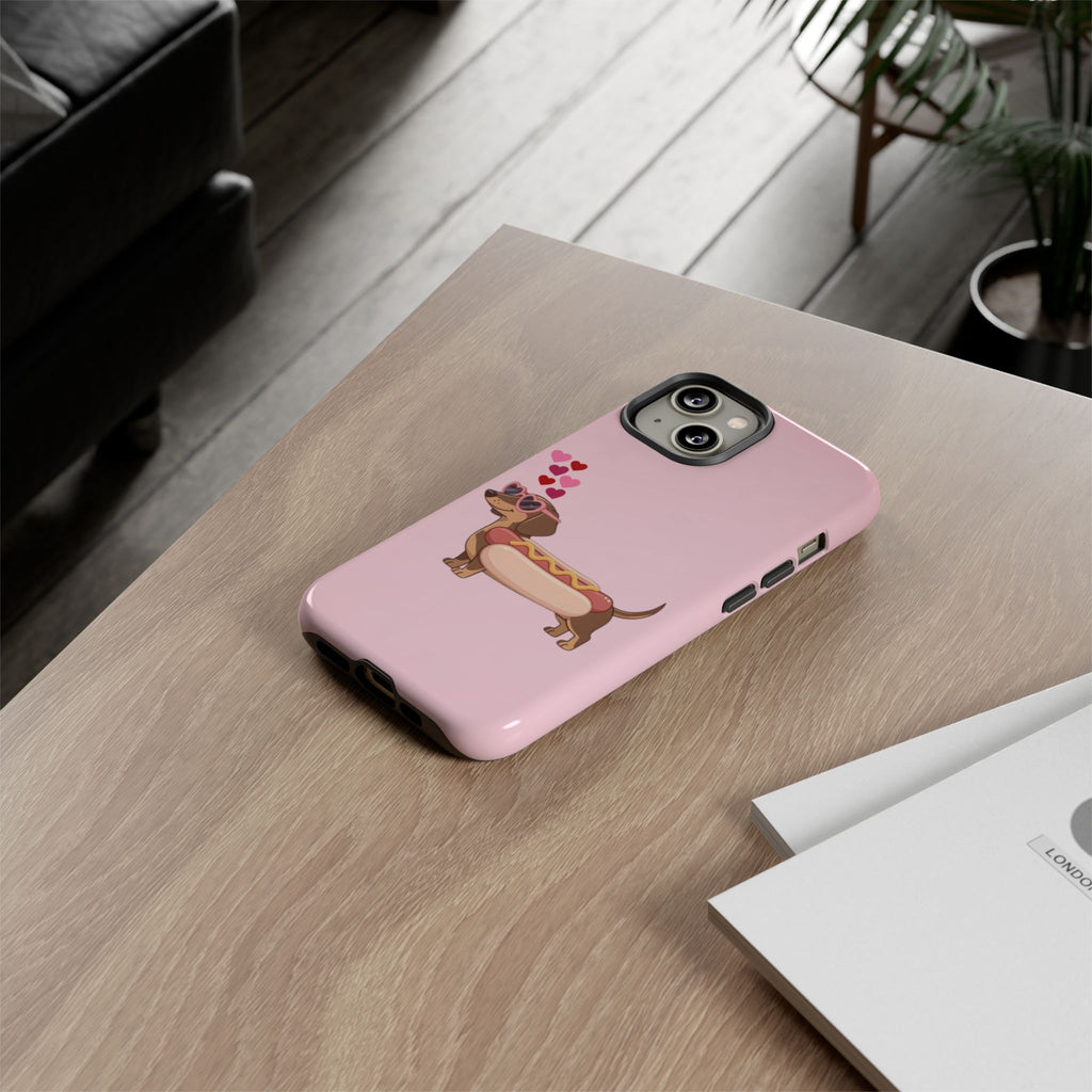 Dachshund Hot Dog Phone Case – Cute Pink Love Hearts Protective Tough Case