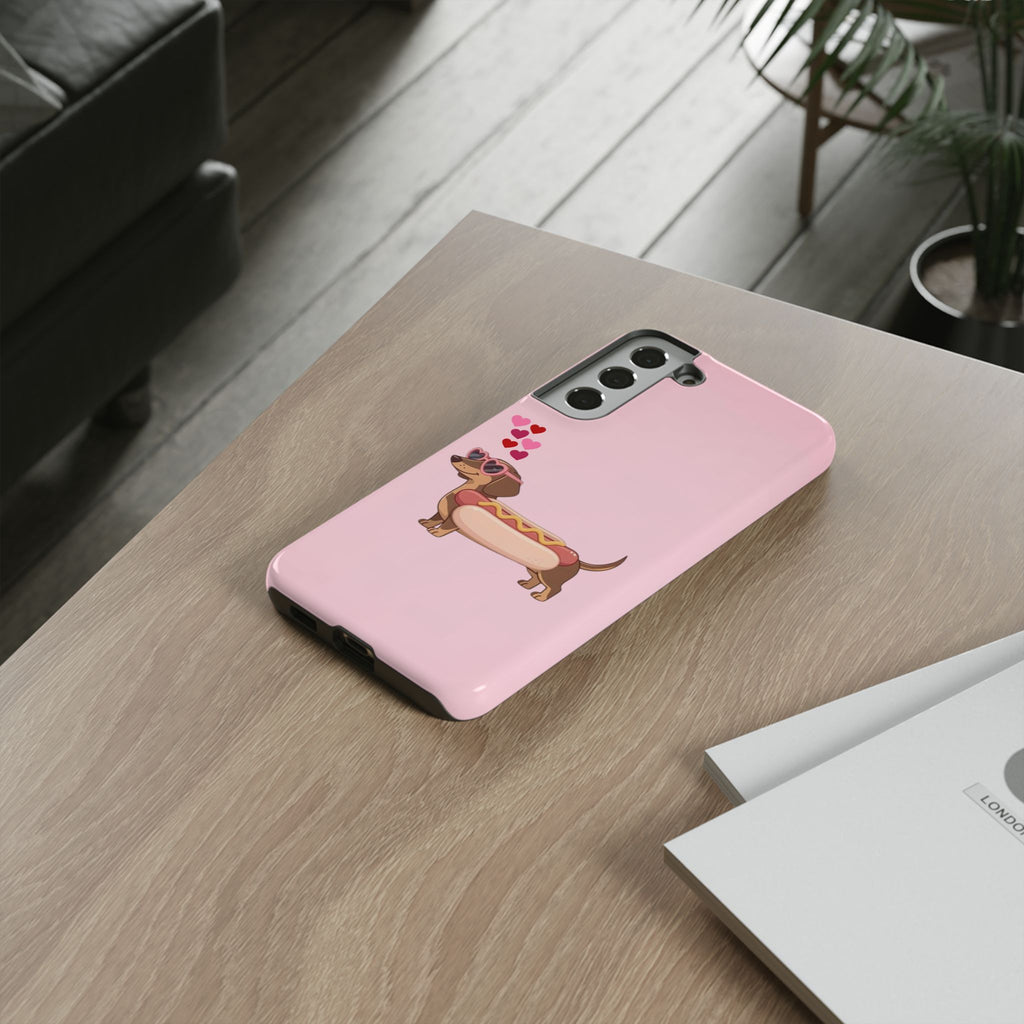 Dachshund Hot Dog Phone Case – Cute Pink Love Hearts Protective Tough Case