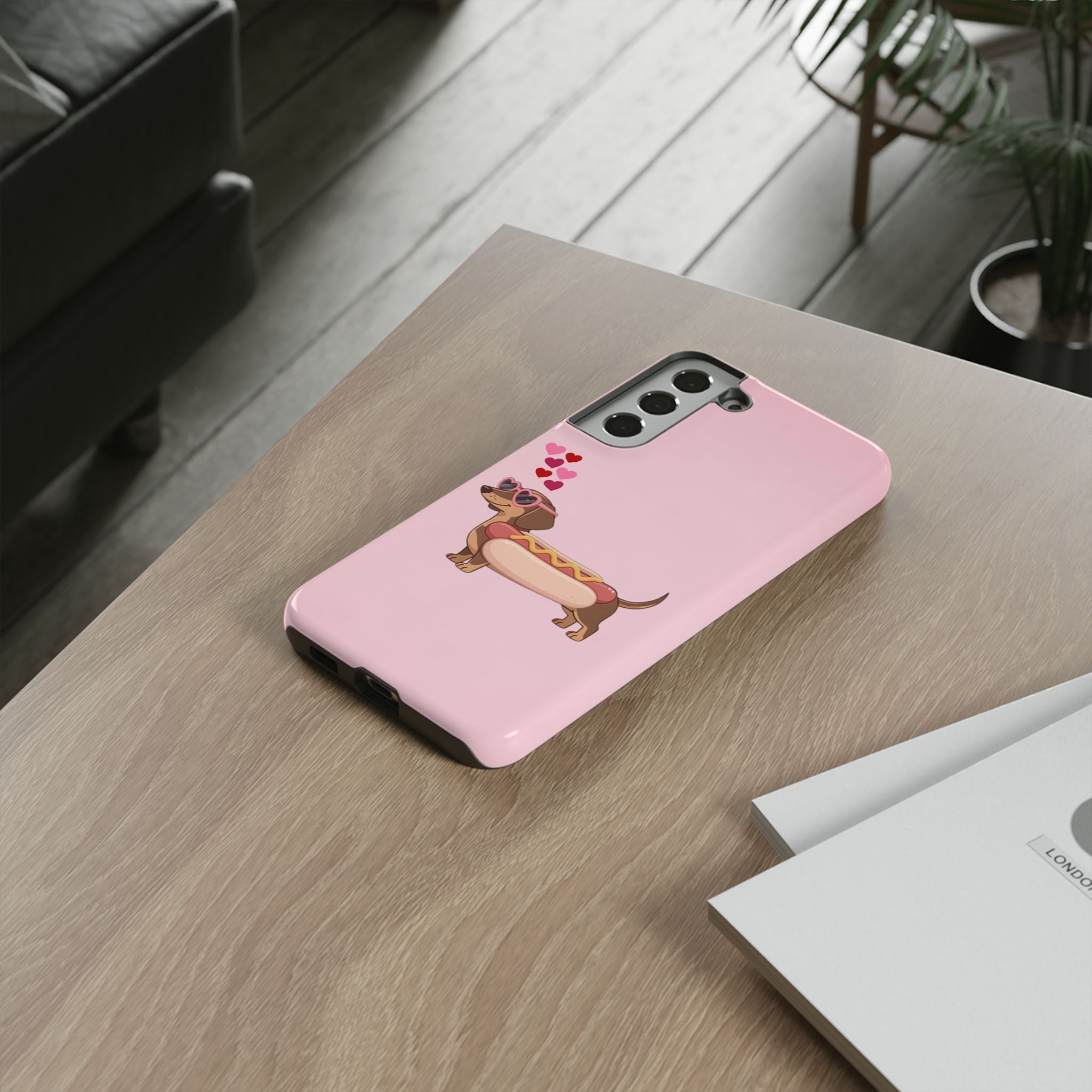 Dachshund Hot Dog Phone Case – Cute Pink Love Hearts Protective Tough Case