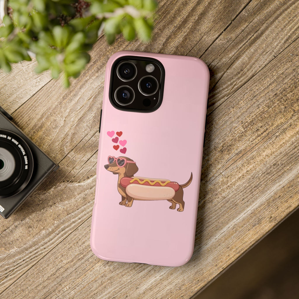 Dachshund Hot Dog Phone Case – Cute Pink Love Hearts Protective Tough Case