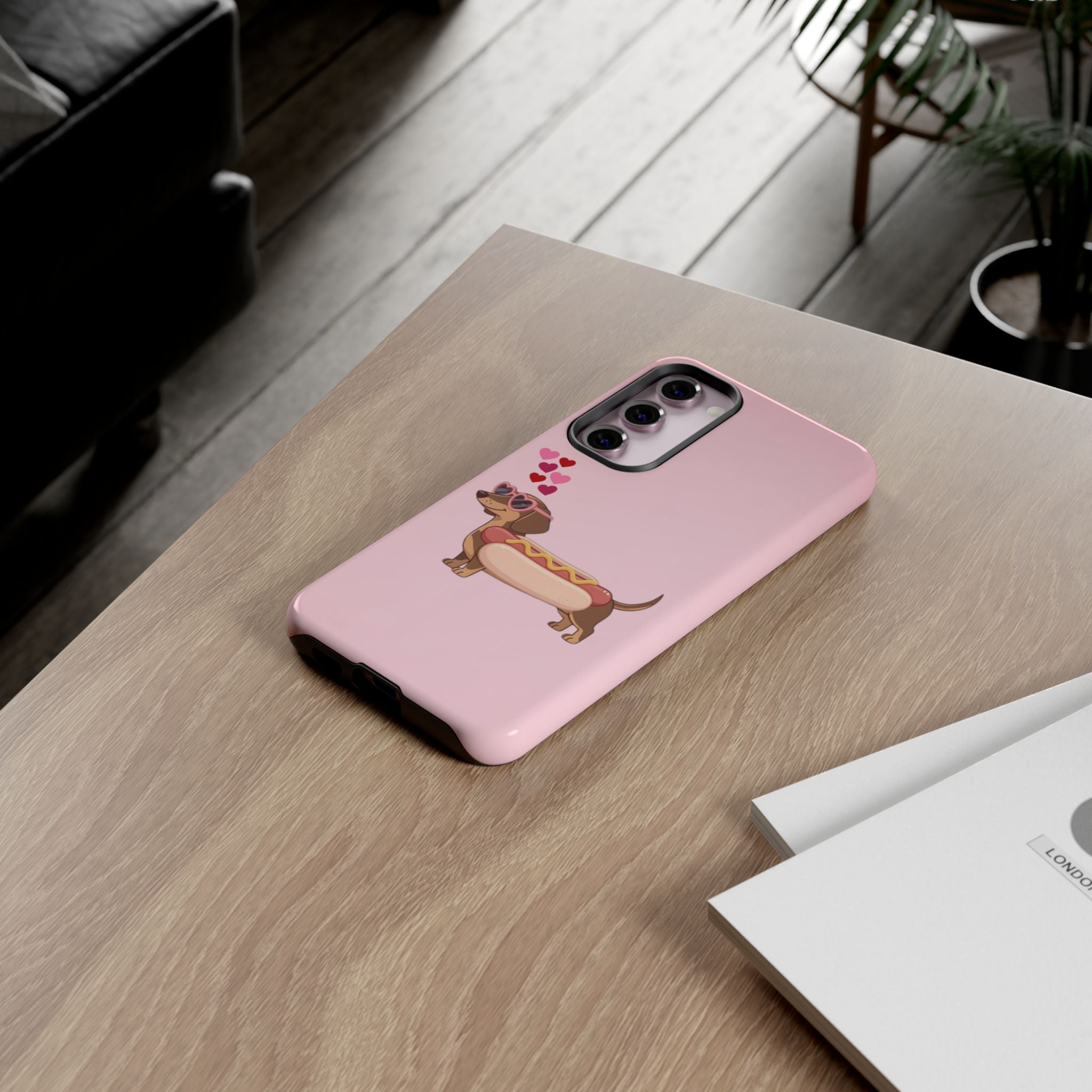 Dachshund Hot Dog Phone Case – Cute Pink Love Hearts Protective Tough Case