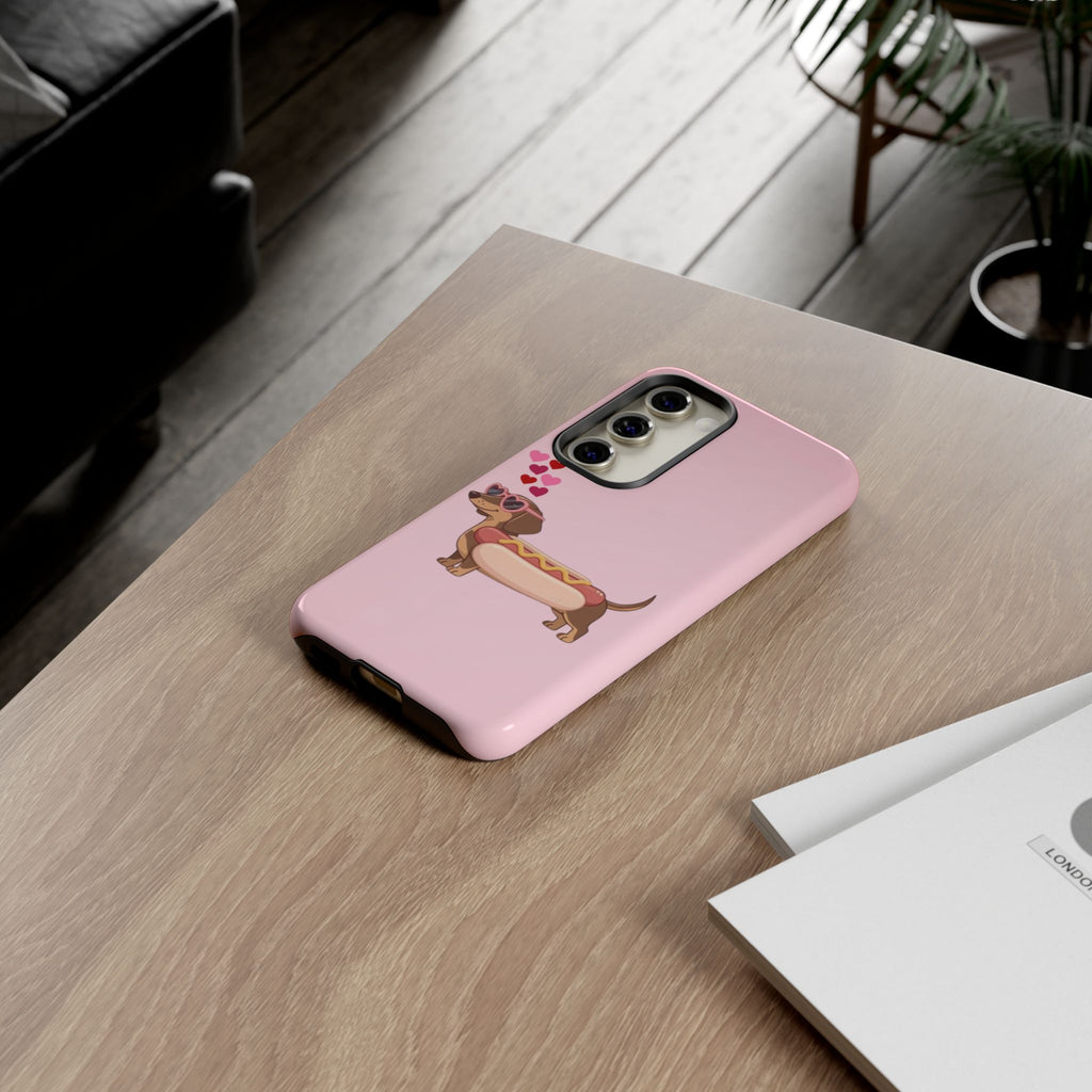 Dachshund Hot Dog Phone Case – Cute Pink Love Hearts Protective Tough Case