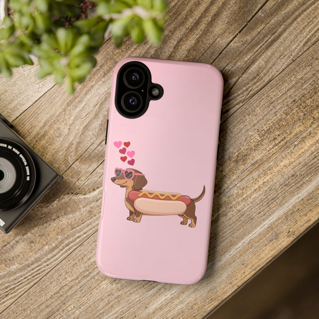 Dachshund Hot Dog Phone Case – Cute Pink Love Hearts Protective Tough Case