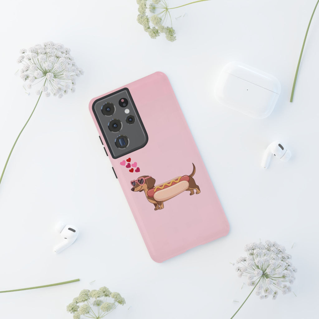 Dachshund Hot Dog Phone Case – Cute Pink Love Hearts Protective Tough Case