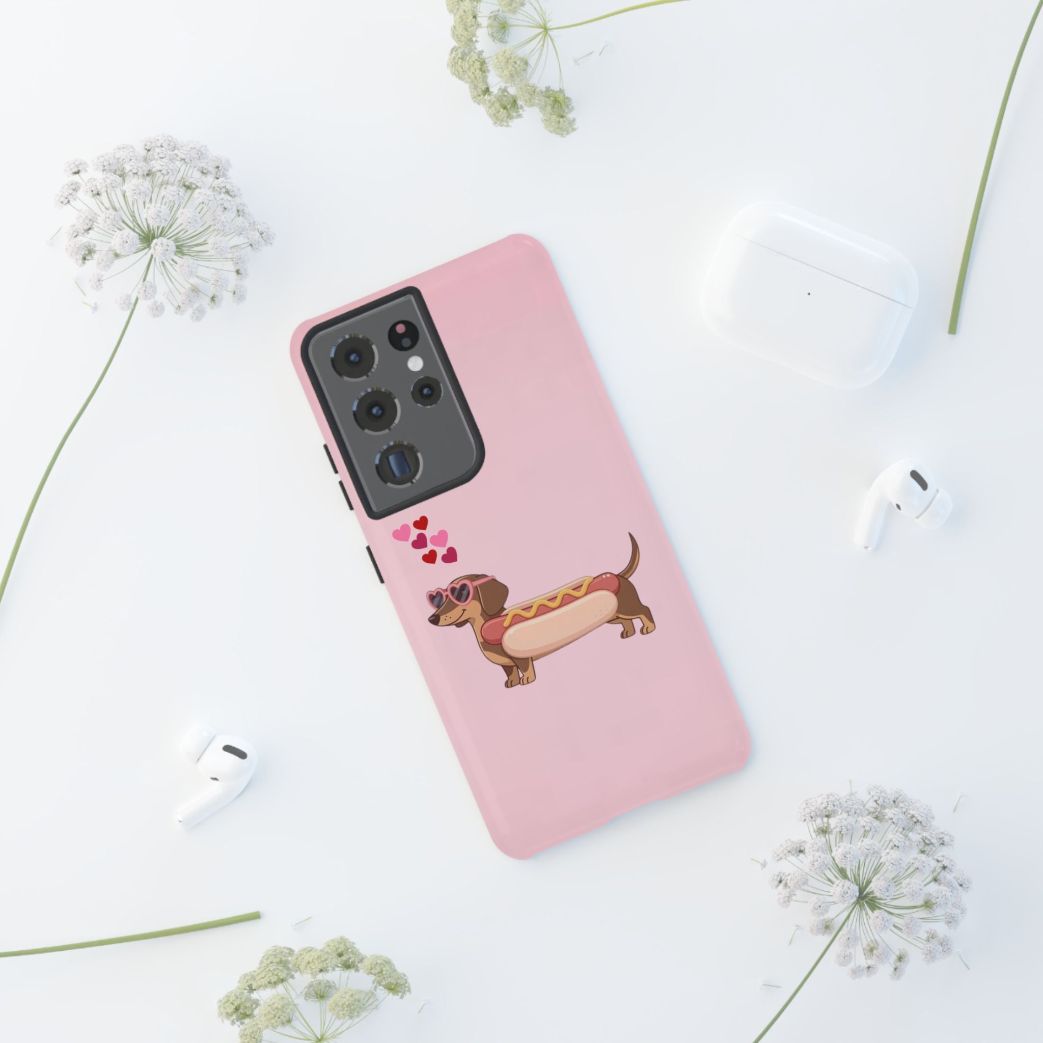 Dachshund Hot Dog Phone Case – Cute Pink Love Hearts Protective Tough Case