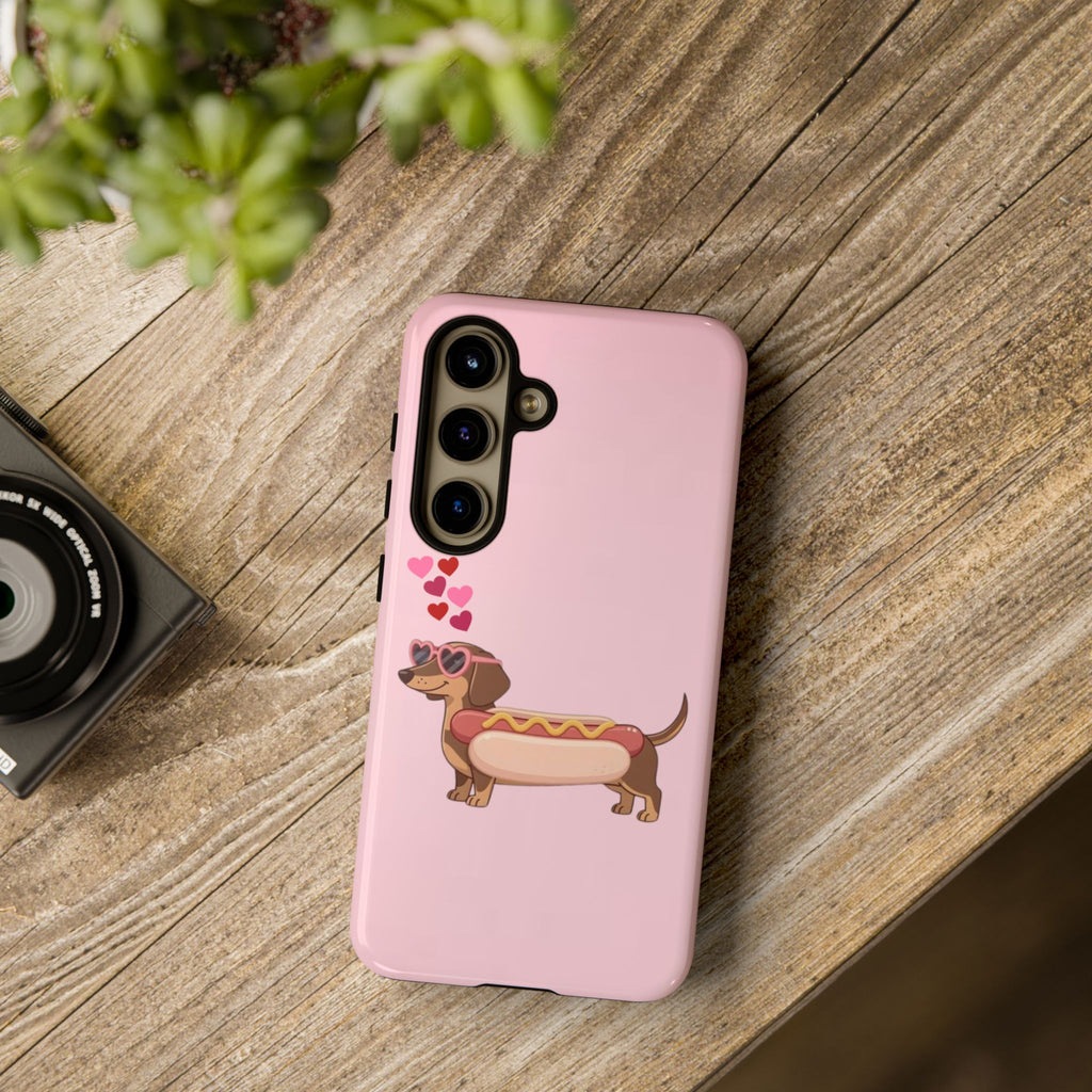 Dachshund Hot Dog Phone Case – Cute Pink Love Hearts Protective Tough Case